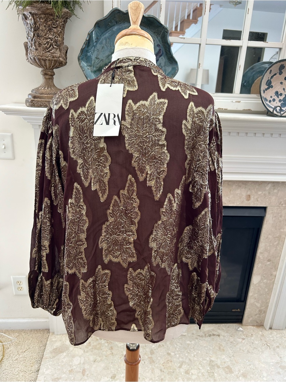Zara Chocolate Brown Blouse with Gold Metallic Leaf Motif - Picture 6 of 9